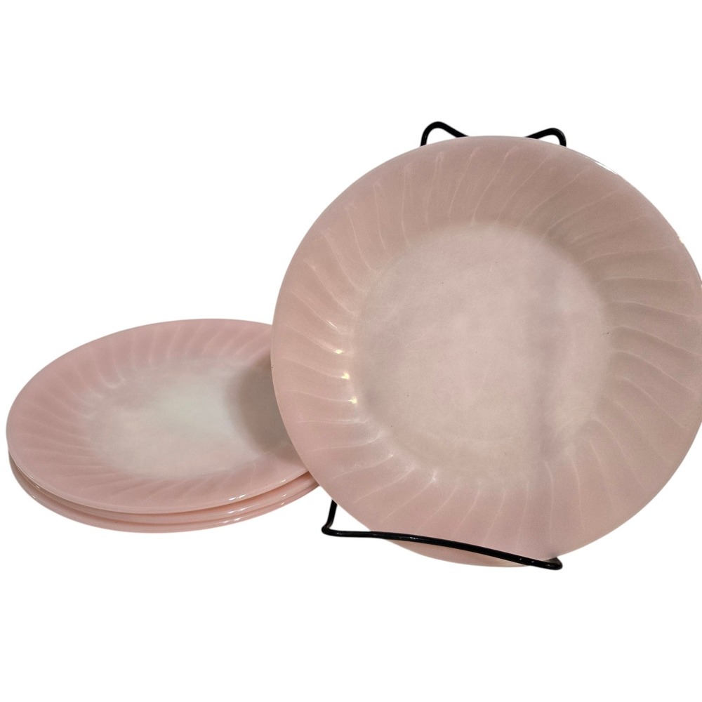 Set of 4 Fire King Dinner Plates 9in Pink Swirl Vintage Anchor Hocking 1950s